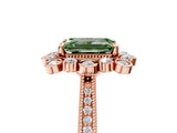 Rose gold Fancy Green Emerald  Halo Milgrain Pave Diamond Ring with Four-Prong Setting