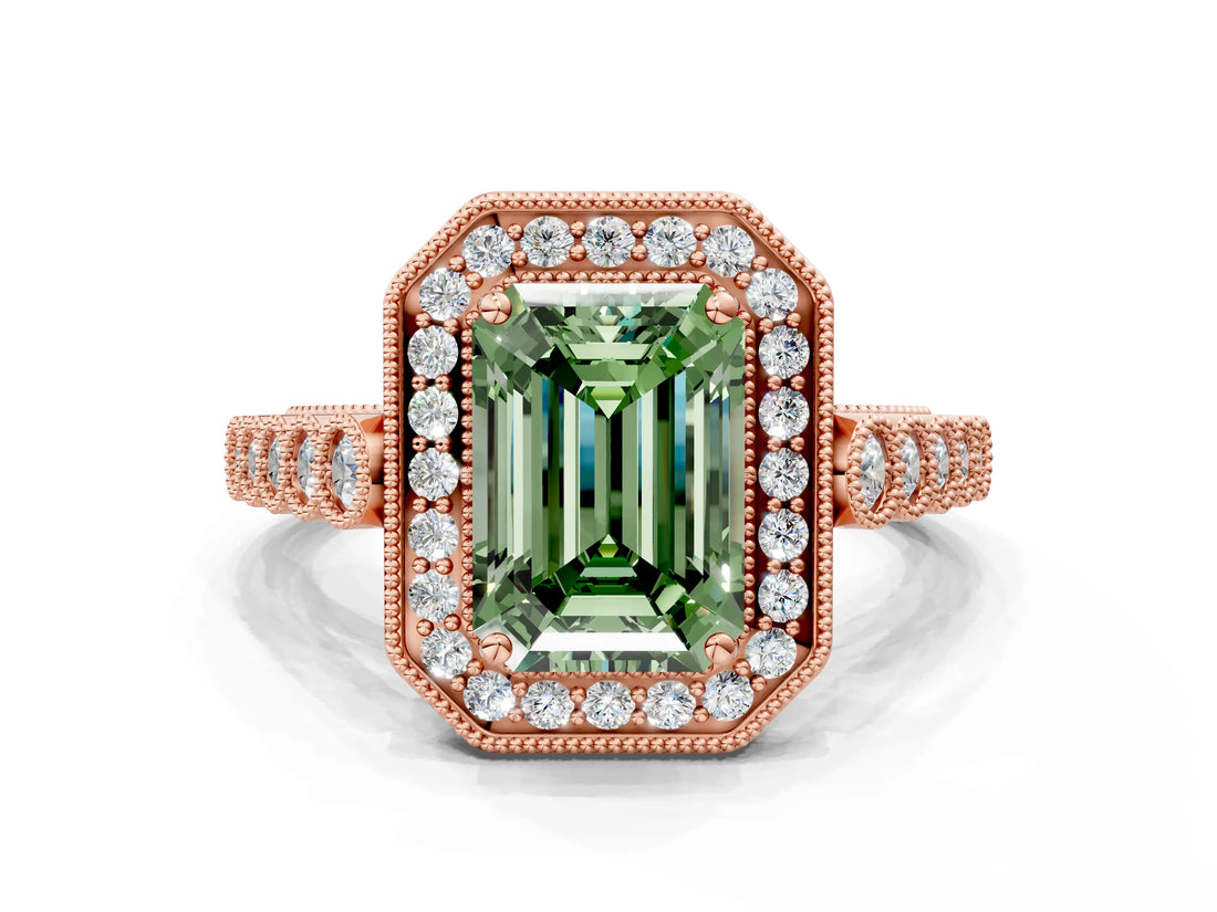 Rose gold Fancy Green Emerald  Halo Milgrain Solitaire with Bezel Set Side Stones and Pave Band_33