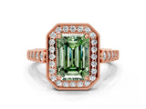 Rose gold Fancy Green Emerald  Halo Milgrain Solitaire with Bezel Set Side Stones and Pave Band_33