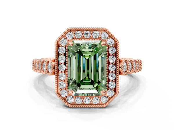 Rose Gold Emerald Cut Graduated Milgrain Halo Engagement Ring Setting for Fancy Green Center