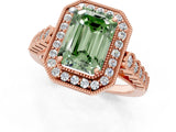 Rose gold Fancy Green Emerald  Halo Milgrain Solitaire with Bezel Set Side Stones and Pave Band_34