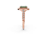 Rose gold Fancy Green Emerald  Halo Milgrain Solitaire with Bezel Set Side Stones and Pave Band_35