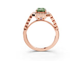 Rose gold Fancy Green Emerald  Halo Milgrain Solitaire with Bezel Set Side Stones and Pave Band_36