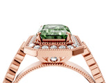 Rose gold Fancy Green Emerald  Halo Milgrain Solitaire with Bezel Set Side Stones and Pave Band_37