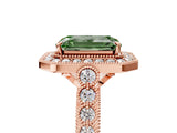 Rose gold Fancy Green Emerald  Halo Milgrain Solitaire with Bezel Set Side Stones and Pave Band_38