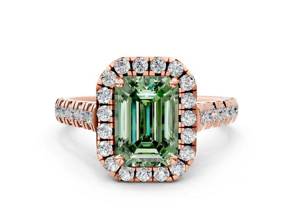 Rose gold Fancy Green Emerald  Halo Pavé Diamond Engagement Ring with Four-Prong Setting
