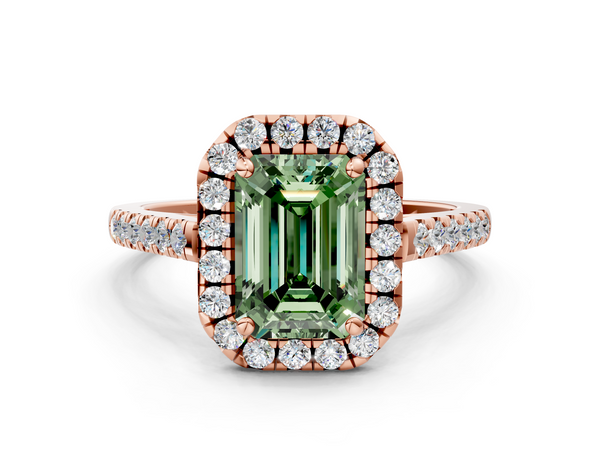 Rose gold Fancy Green Emerald  Halo Pavé Diamond Engagement Ring with Four-Prong Setting