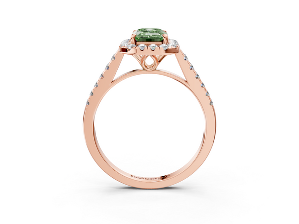Rose gold Fancy Green Emerald  Halo Pavé Diamond Engagement Ring with Four-Prong Setting