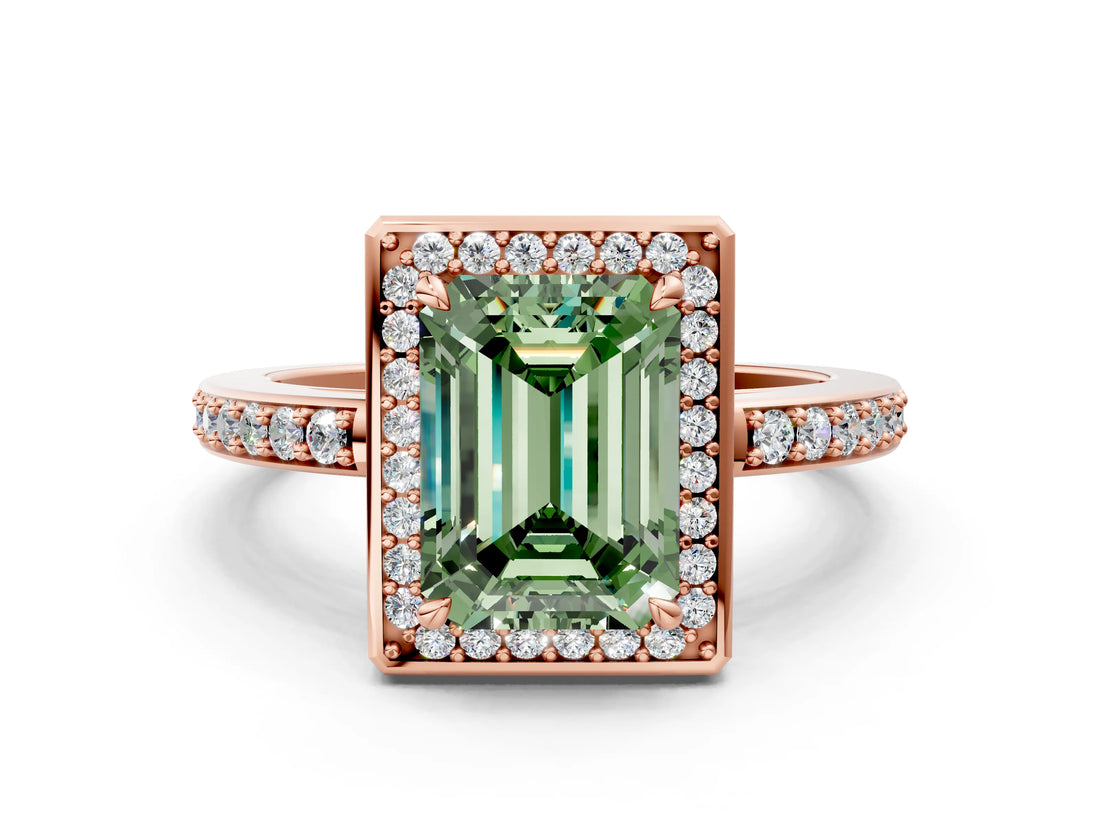 Rose gold Fancy Green Emerald  Halo Pave Band Solitaire Ring with Prong Setting_66