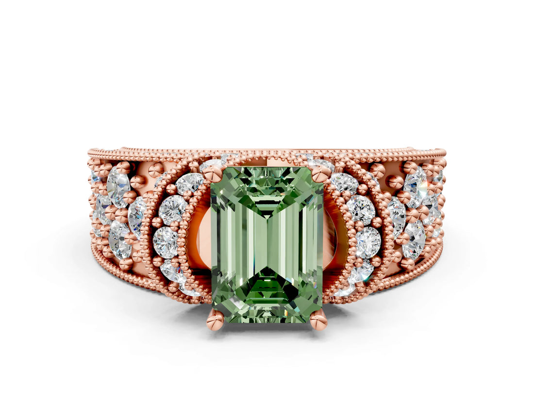 Rose gold Fancy Green Emerald  Halo Pave Diamond Engagement Ring with Milgrain Detailing_48