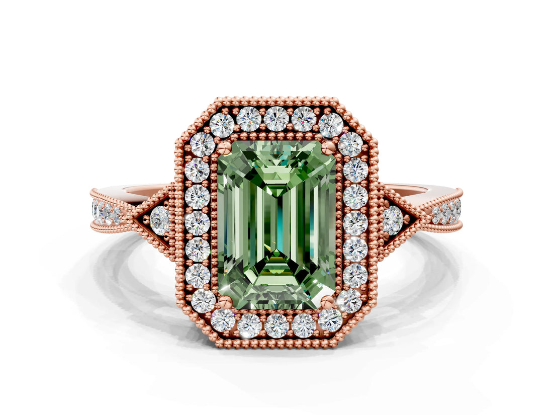 Rose gold Fancy Green Emerald  Halo Round Diamond Milgrain Pave Engagement Ring_3