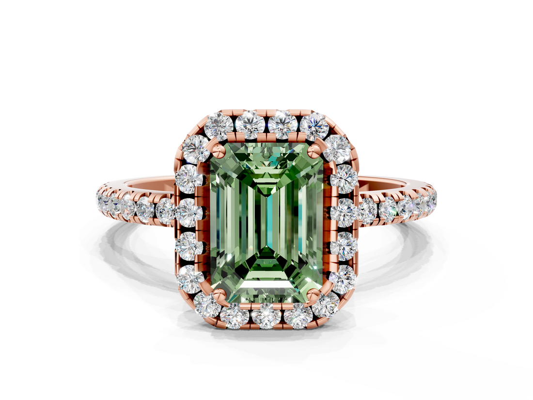 Rose gold Fancy Green Emerald  Halo Round Diamond Pavé Band Four-Prong Ring_3