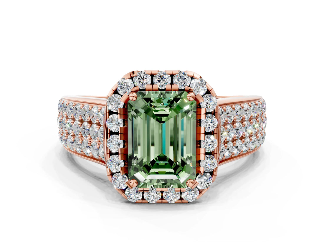 Rose gold Fancy Green Emerald  Halo Round Diamond Pave Band with Prong Setting 1