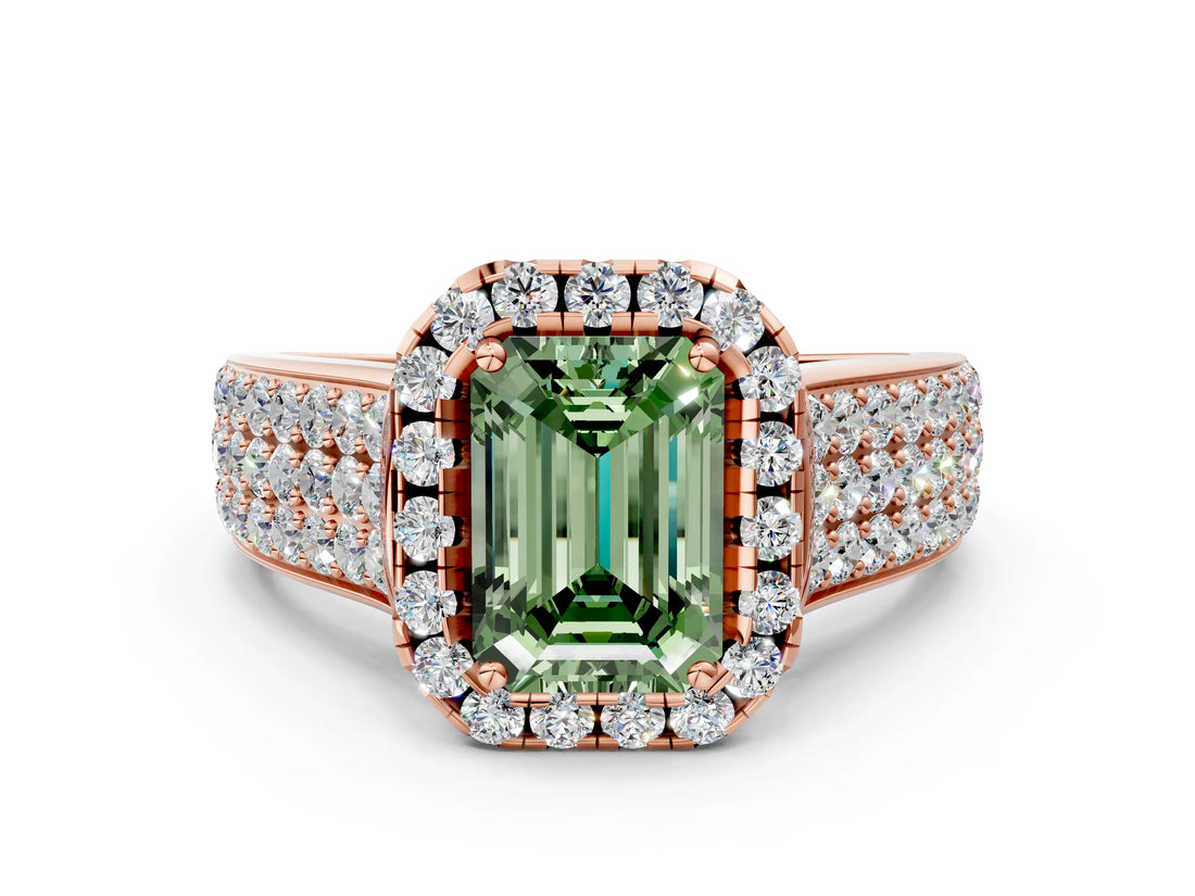 Rose gold Fancy Green Emerald  Halo Round Diamond Pave Band with Prong Setting_26