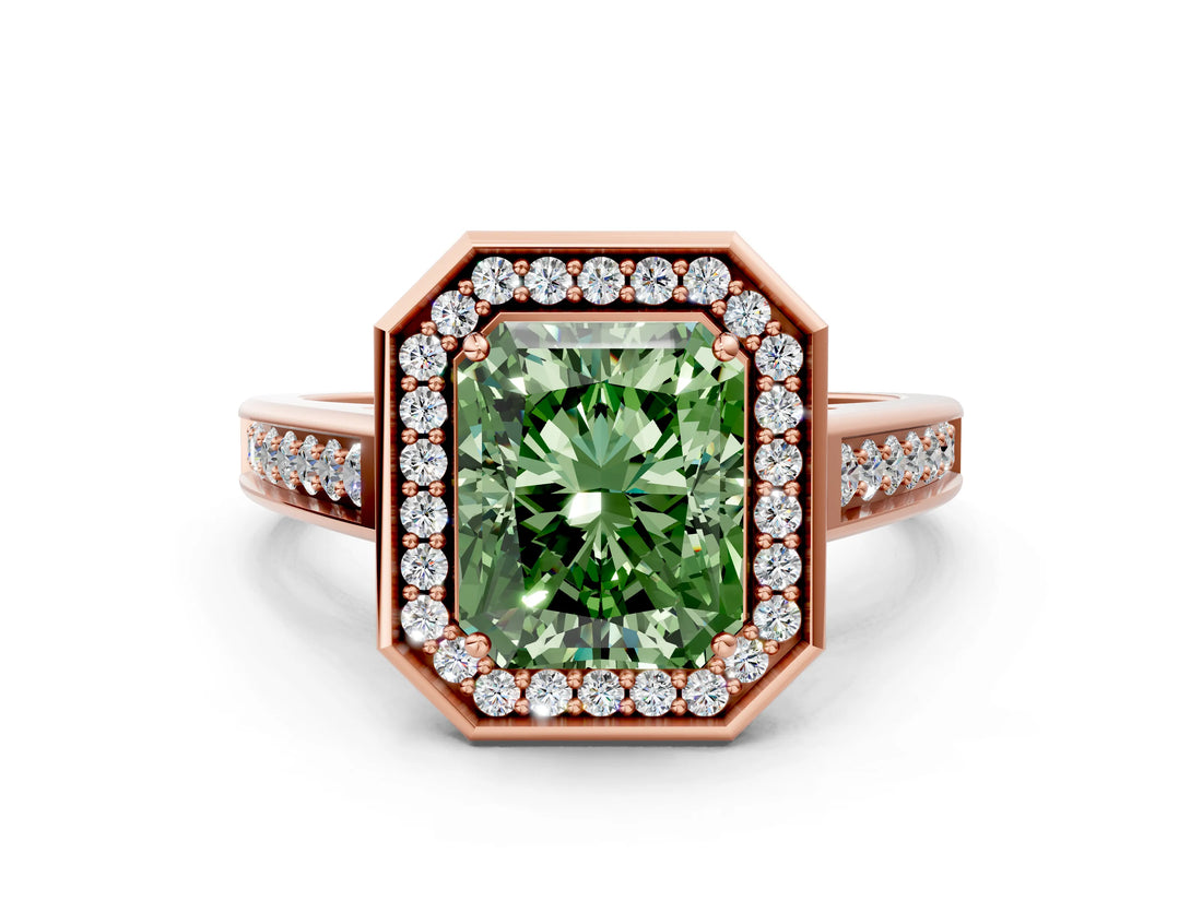 Rose gold Fancy Green Emerald  Halo Solitaire Diamond Ring with Pave Band and Bezel Setting_50