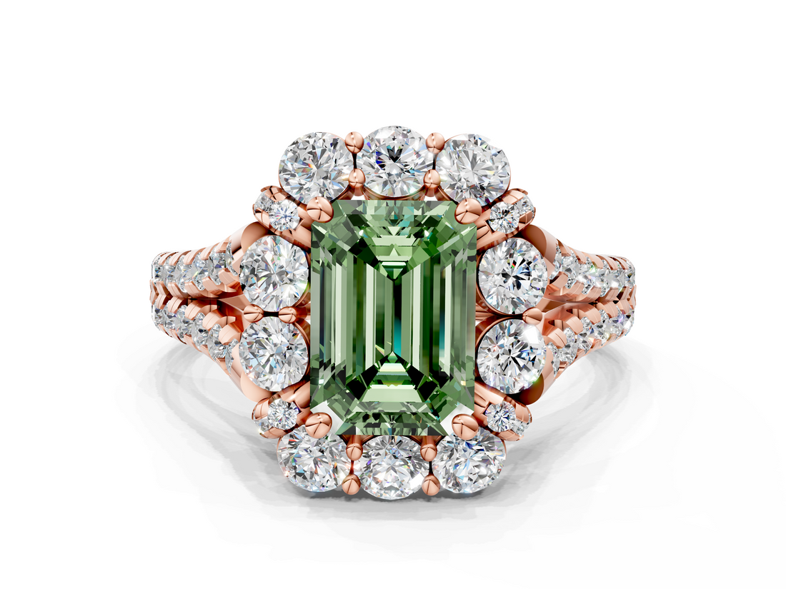 Rose gold Fancy Green Emerald  Halo Split Shank Diamond Engagement Ring with Pave Band and Four-Prong Setting_54