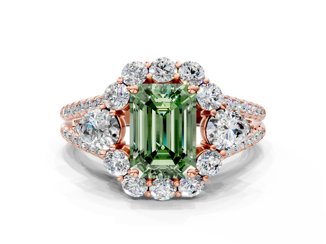 Rose gold Fancy Green Emerald  Halo Split Shank Diamond Engagement Ring with Prong Setting_19