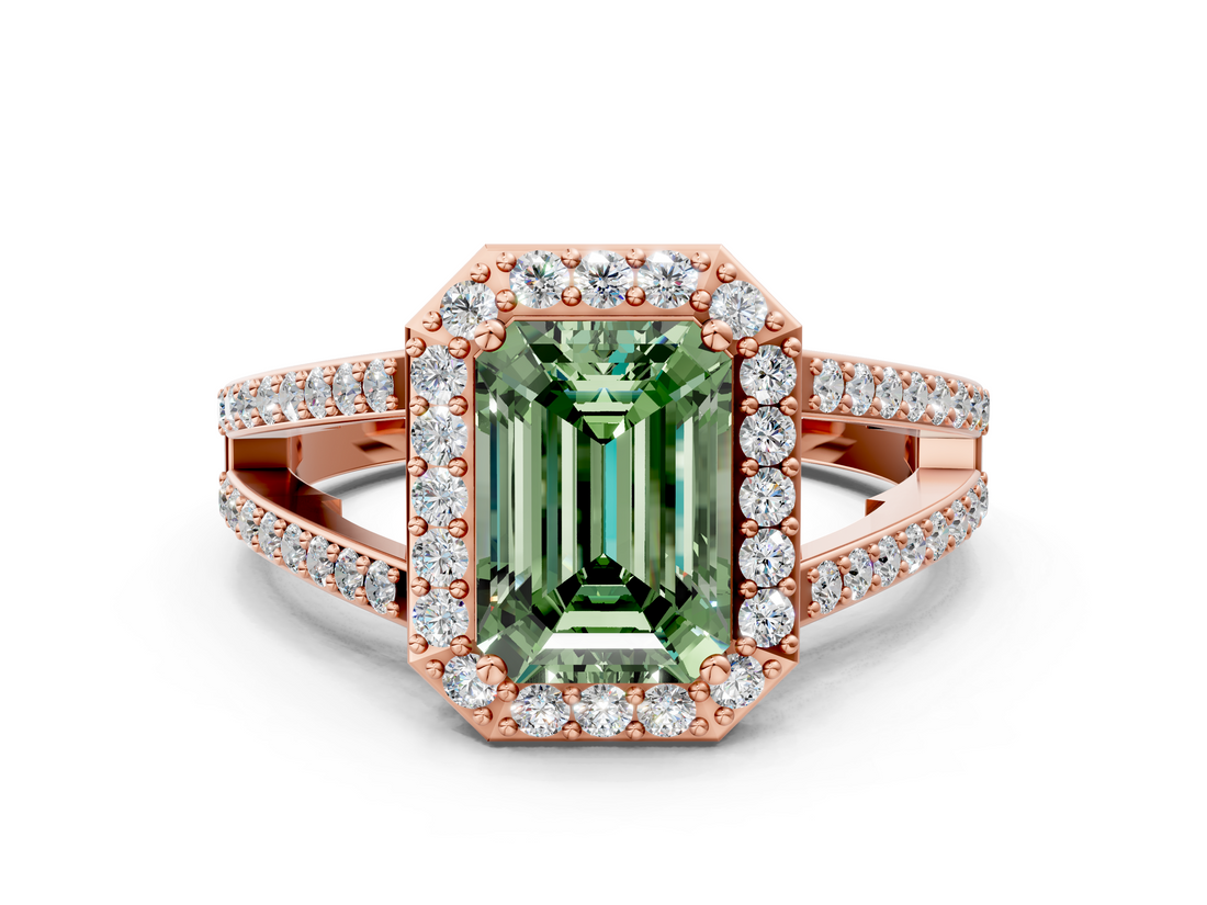 Rose gold Fancy Green Emerald  Halo Split Shank Diamond Ring with Four-Prong Setting_32