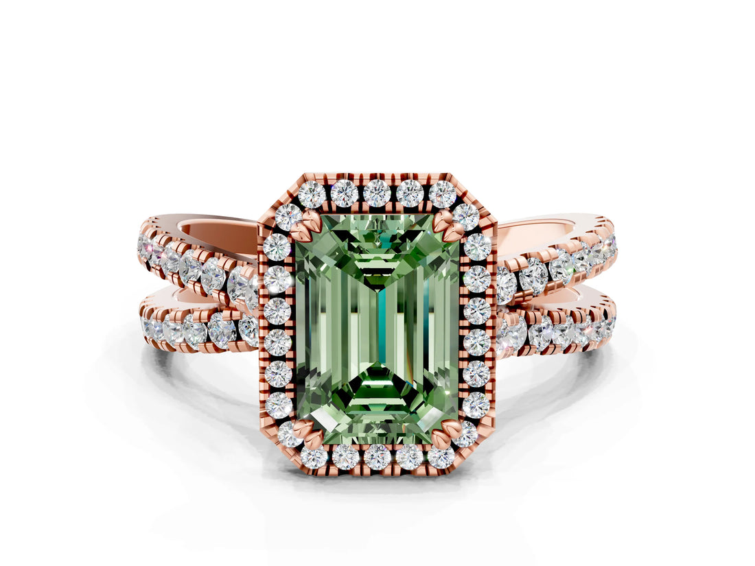 Rose gold Fancy Green Emerald  Halo Split Shank Diamond Ring with Pavé Setting
