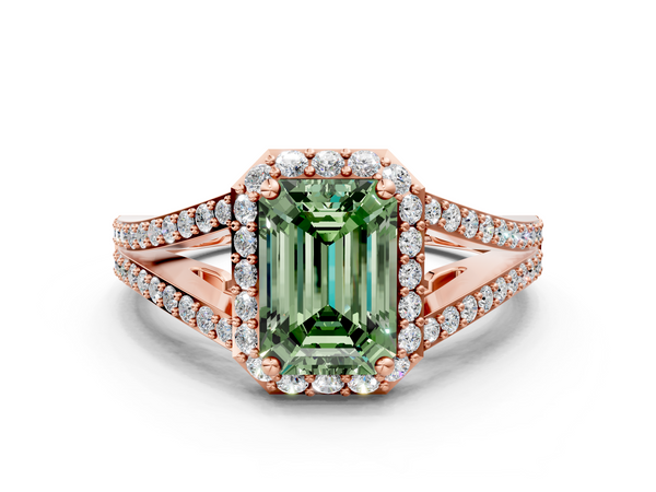 Rose gold Fancy Green Emerald  Halo Split Shank Diamond Ring with Prong Setting