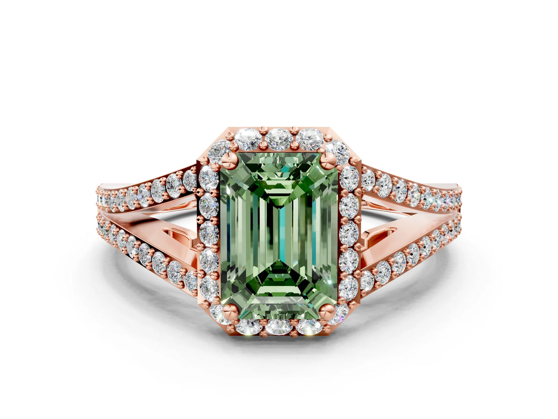 Rose gold Fancy Green Emerald  Halo Split Shank Pave Diamond Ring with Four-Prong Setting_49