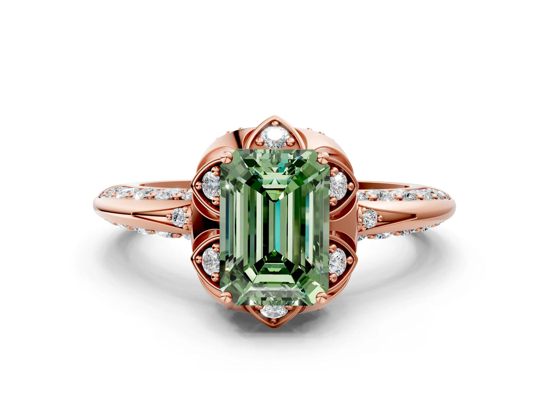 Rose gold Fancy Green Emerald  Halo Split Shank Pave Diamond Ring with Petal Prong Setting_20