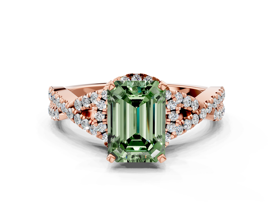 Rose gold Fancy Green Emerald  Halo Twist Band Solitaire Prong Setting Ring_75