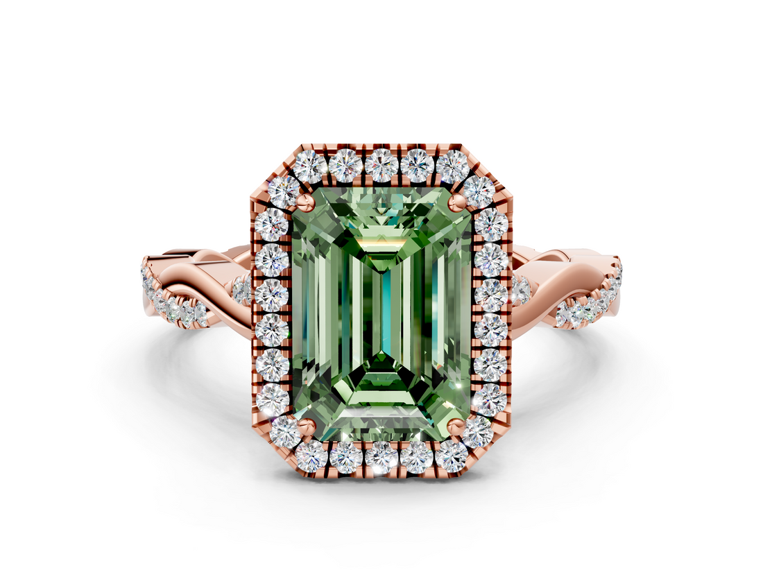 Rose gold Fancy Green Emerald  Halo Twist Band Solitaire Ring_20