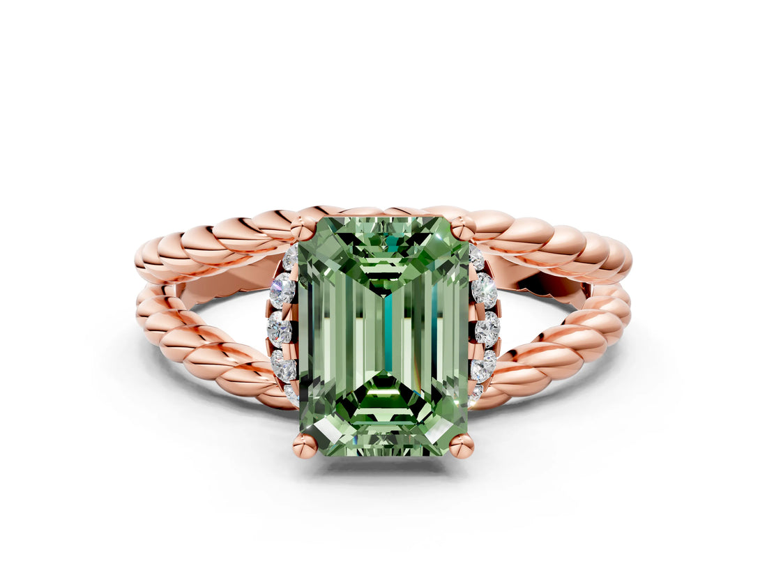 Rose gold Fancy Green Emerald  Halo Twisted Band Four-Prong Ring_32