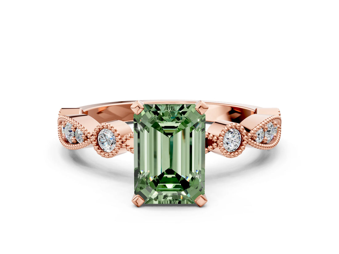 Rose gold Fancy Green Emerald  Milgrain Bezel Diamond Engagement Ring with Solitaire Prong Setting_141