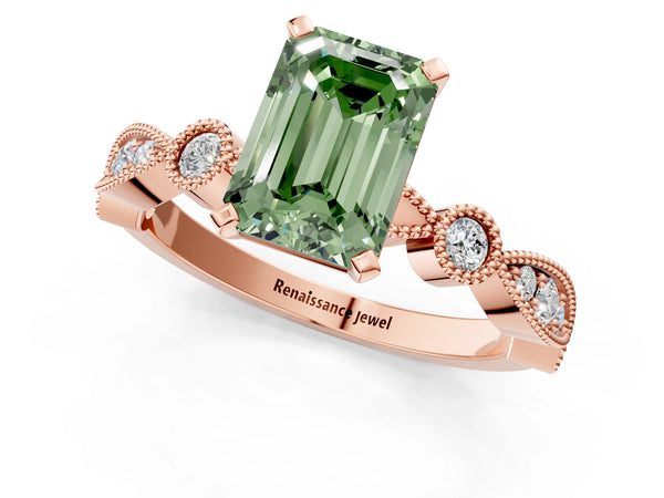 Rose Gold Emerald Cut Milgrain Bezel Engagement Ring Setting for Fancy Green Center