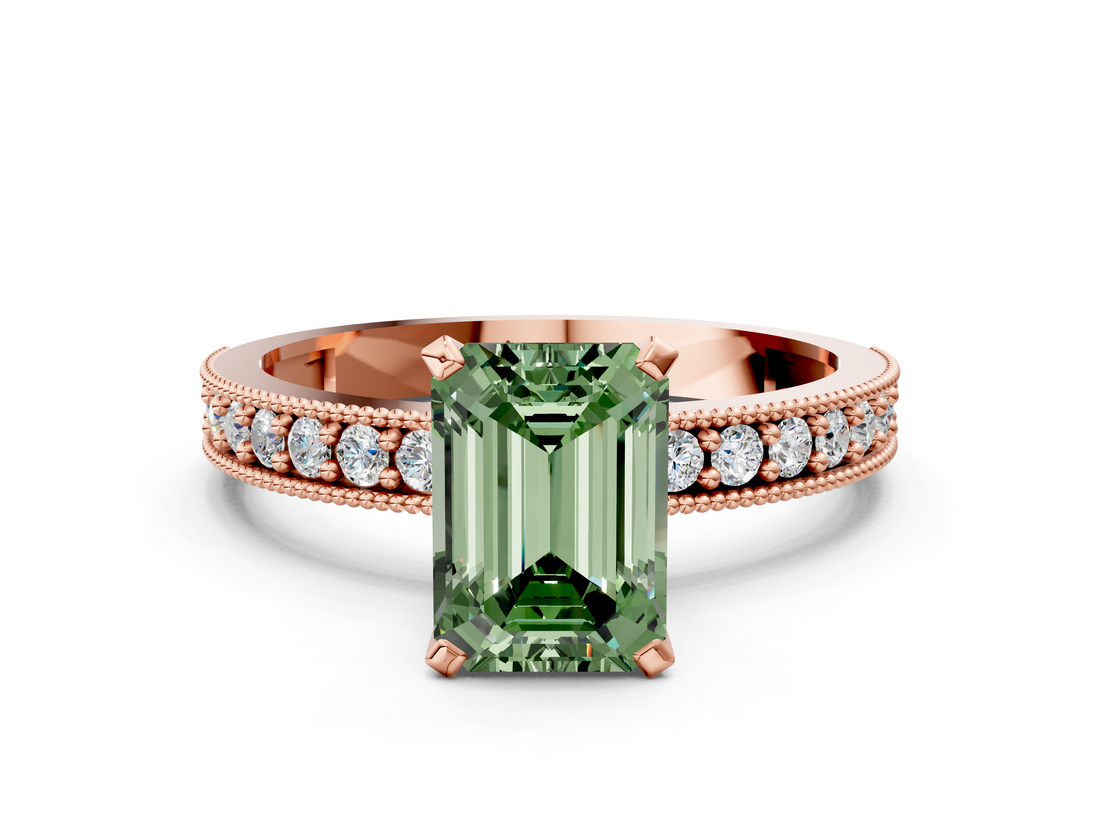 Rose gold Fancy Green Emerald  Milgrain Pave Diamond Engagement Ring with Four-Prong Setting_155