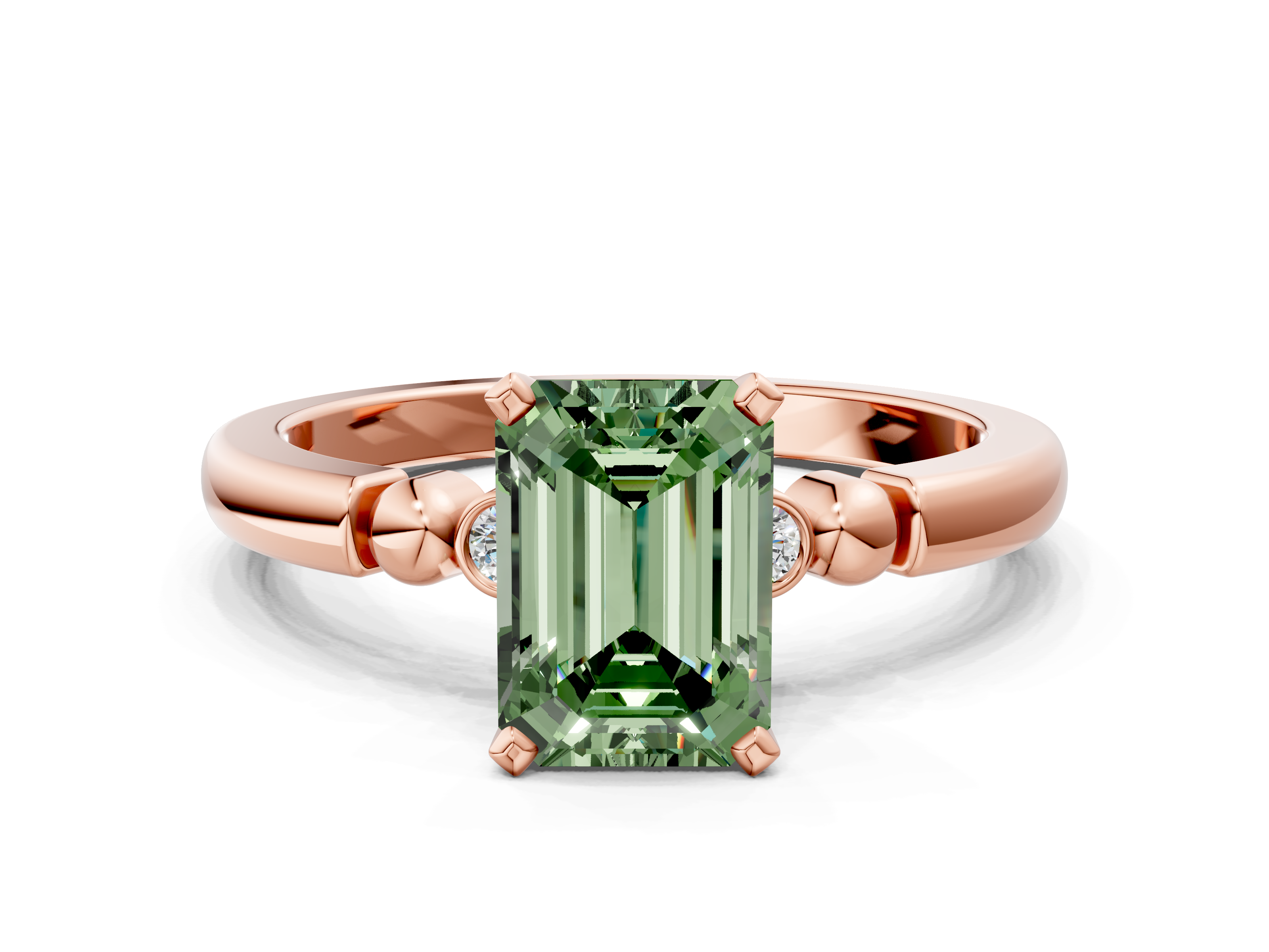 Rose gold Fancy Green Emerald  Solitaire Beaded Band with Four-Prong Setting_44