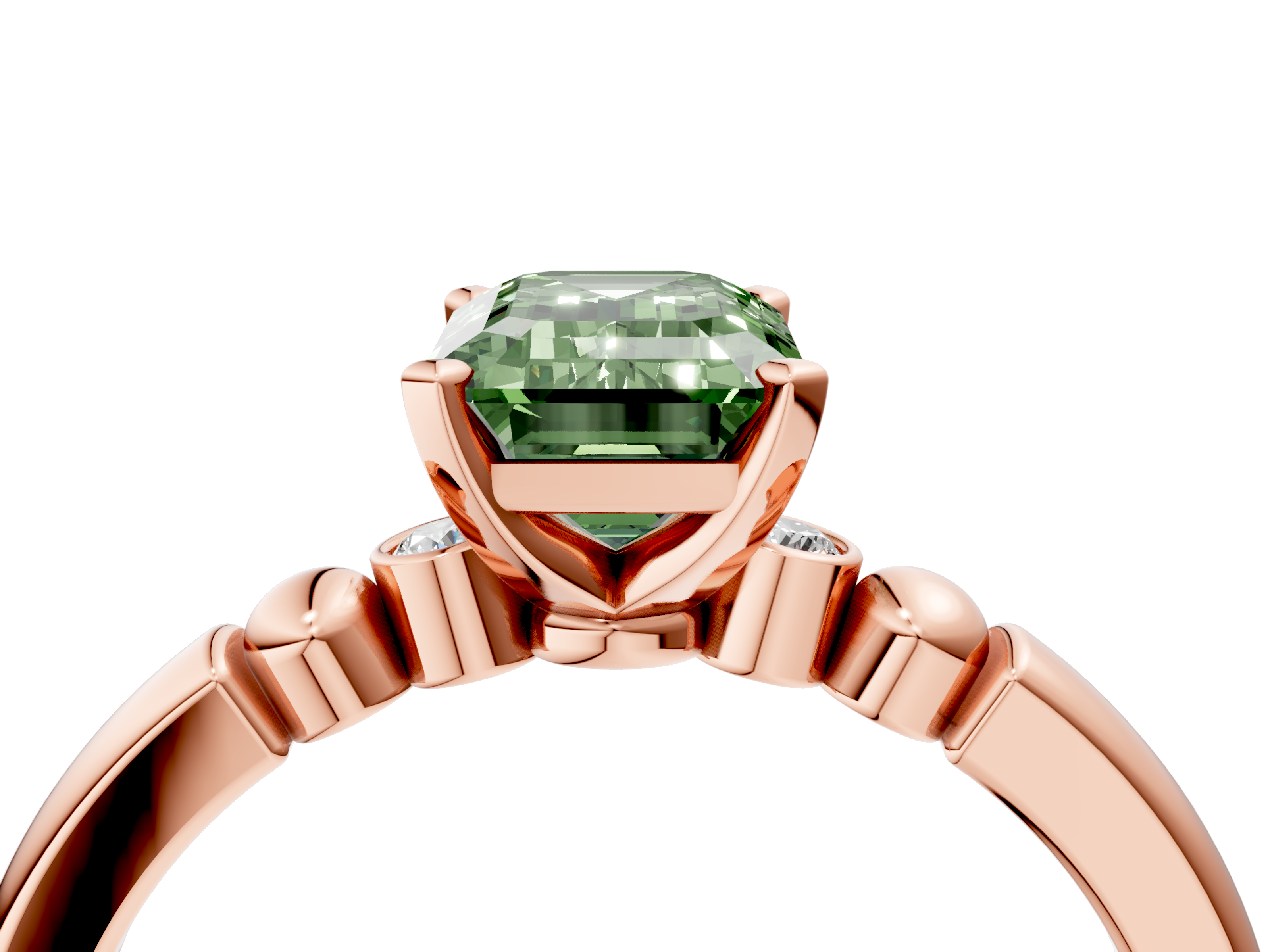 Rose gold Fancy Green Emerald  Solitaire Beaded Band with Four-Prong Setting_48