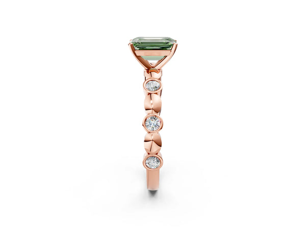 Rose gold Fancy Green Emerald  Solitaire Bezel-Set Diamond Ring with Beaded Band and Four-Prong Setting