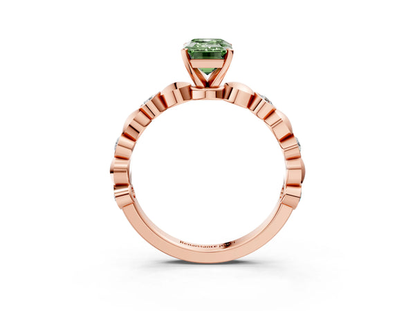 Rose gold Fancy Green Emerald  Solitaire Bezel-Set Diamond Ring with Beaded Band and Four-Prong Setting