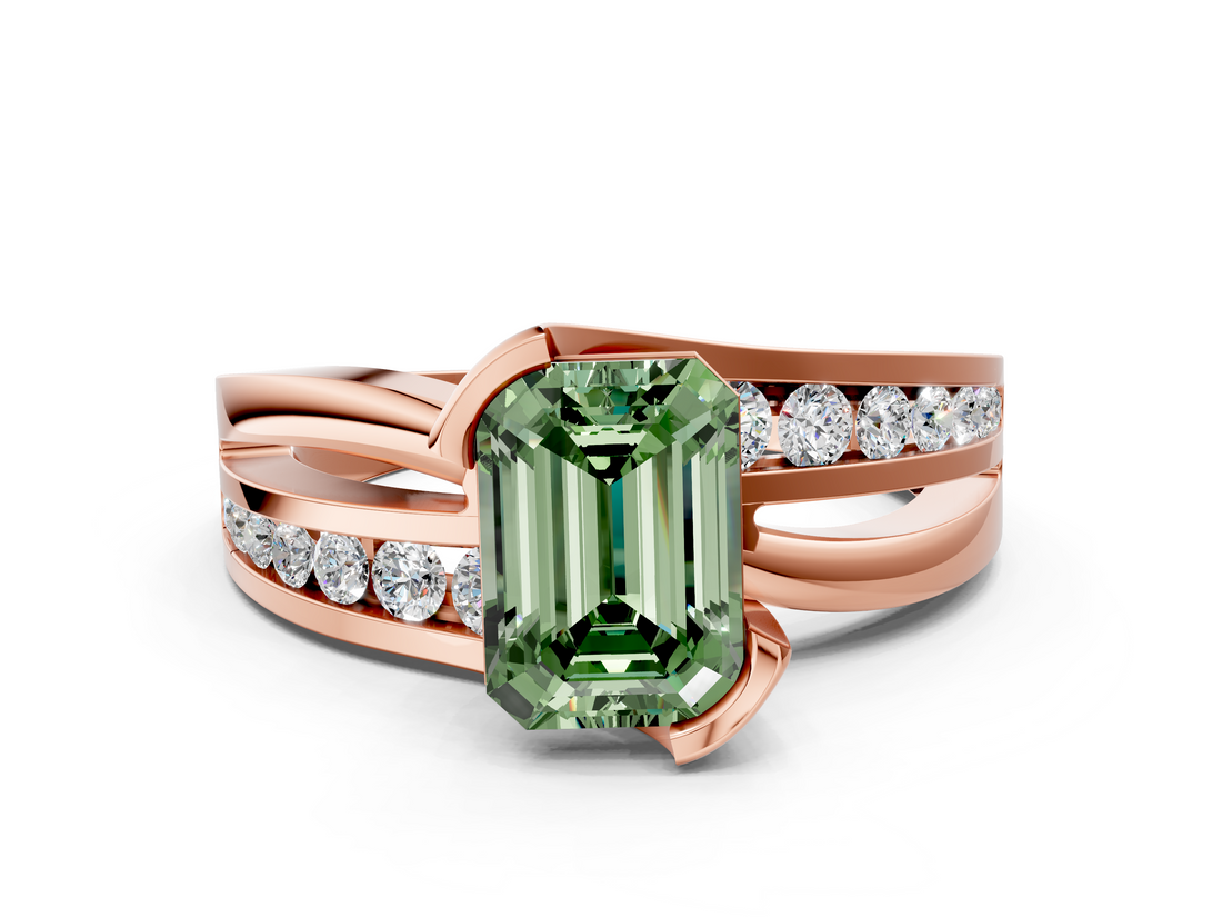 Rose gold Fancy Green Emerald  Solitaire Channel-Set Split Shank Ring with Tension Prong Setting_3