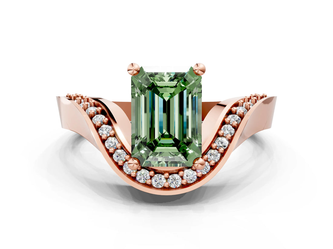 Rose gold Fancy Green Emerald  Solitaire Diamond Engagement Ring with Pave Band and Four-Prong Setting 1