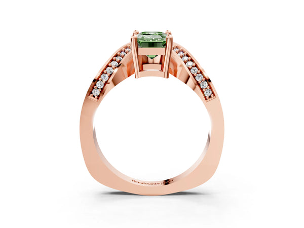 Rose gold Fancy Green Emerald  Solitaire Diamond Engagement Ring with Pave Band and Four-Prong Setting