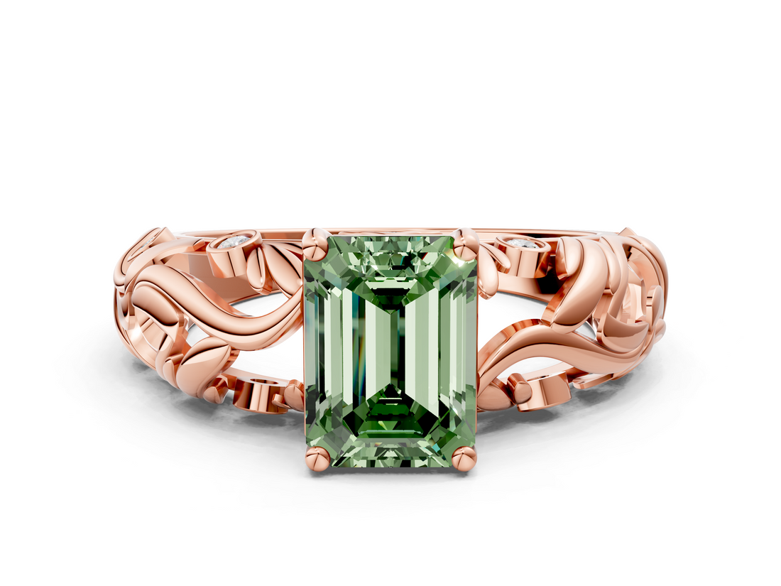 Rose gold Fancy Green Emerald  Solitaire Diamond Leaf Vine Band with Prong Setting_28