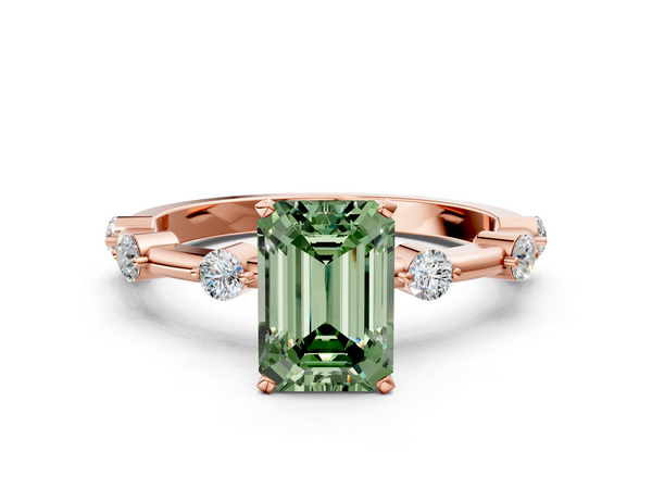 Rose gold Fancy Green Emerald  Solitaire Diamond Ring with Bezel Set Side Stones and Prong Setting