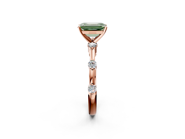 Rose gold Fancy Green Emerald  Solitaire Diamond Ring with Bezel Set Side Stones and Prong Setting