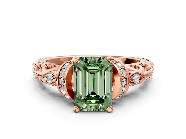 Rose gold Fancy Green Emerald Cut Diamond Solitaire Ring with Filigree Band and Four-Prong Setting