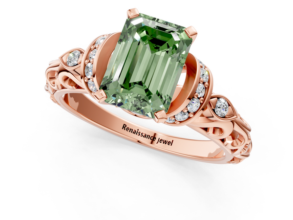 Rose gold Fancy Green Emerald Cut Diamond Solitaire Ring with Filigree Band and Four-Prong Setting