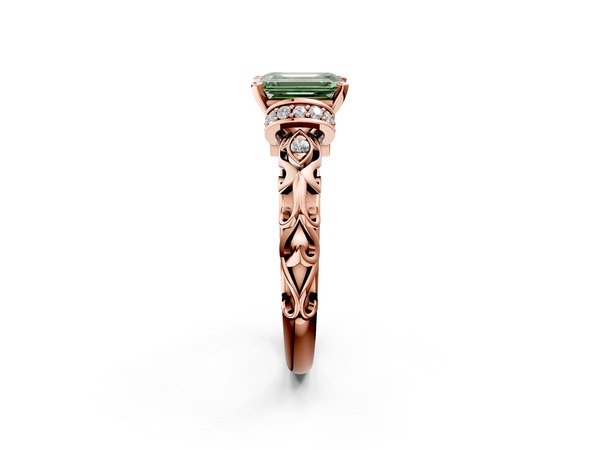 Rose gold Fancy Green Emerald Cut Diamond Solitaire Ring with Filigree Band and Four-Prong Setting