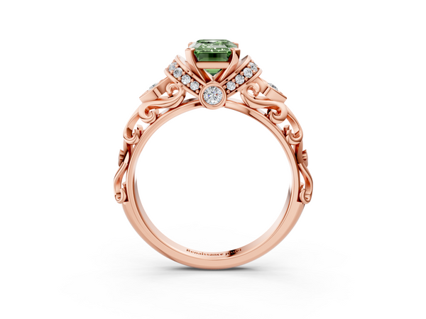Rose gold Fancy Green Emerald Cut Diamond Solitaire Ring with Filigree Band and Four-Prong Setting