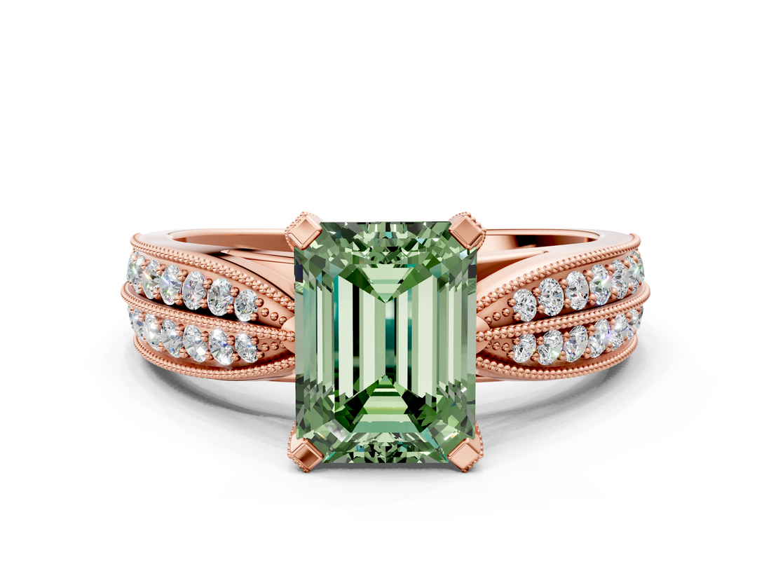 Rose gold Fancy Green Emerald  Solitaire Diamond Ring with Milgrain Pavé Band and Four-Prong Setting_36