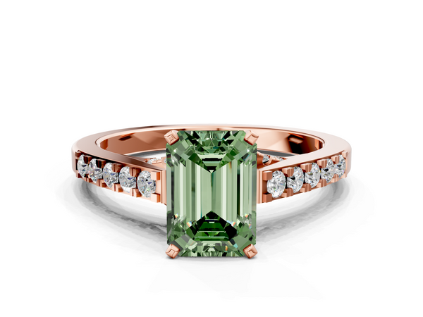 Rose gold Fancy Green Emerald  Diamond Solitaire Ring with Pavé Band and Prong Setting