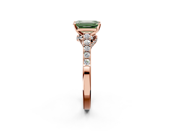 Rose gold Fancy Green Emerald  Diamond Solitaire Ring with Pavé Band and Prong Setting