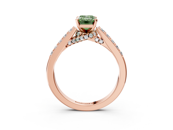 Rose gold Fancy Green Emerald  Diamond Solitaire Ring with Pavé Band and Prong Setting